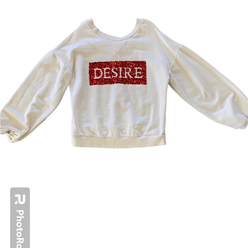 Guess Desire Sequin V-Back Balloon Sleeve Sweatshirt White Red W84Q30 Size M